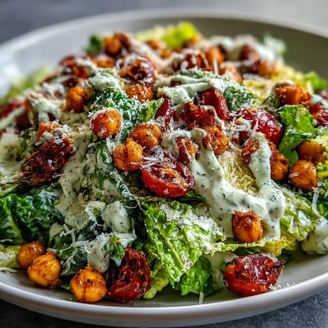 Crispy chickpea croutons topping a fresh Vegan Caesar salad, ready to enjoy.
