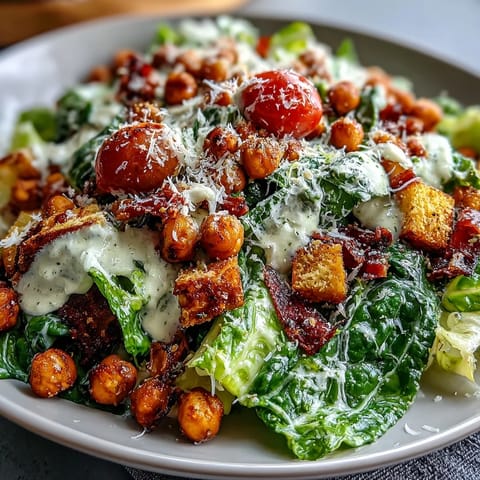 Vegan Caesar salad with vibrant greens, creamy dressing, and crunchy chickpea croutons.