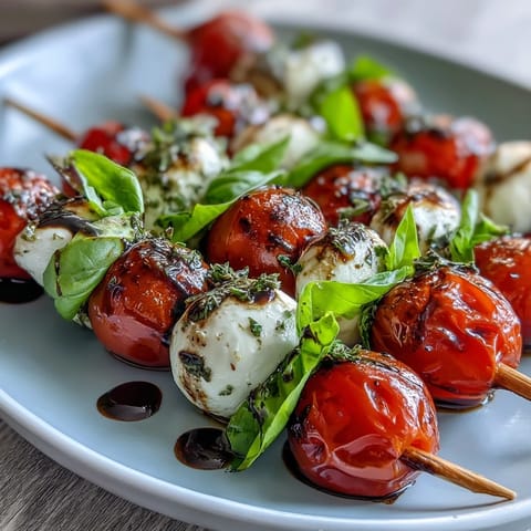Bright Caprese skewers appetizer bursting with garden herbs and creamy mozzarella, ready to enjoy.