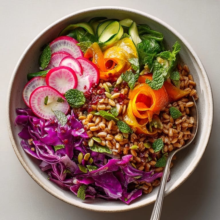 Homemade Rainbow Farro Bowl recipe, full of contrasting textures and bright summer flavors.