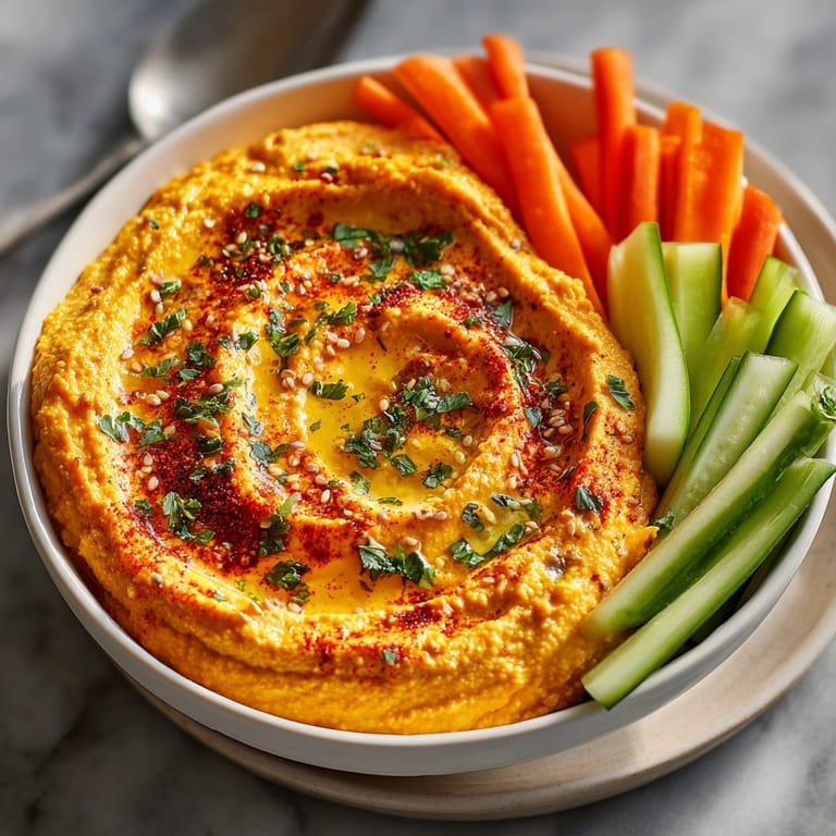 Homemade sweet potato hummus: a vibrant, healthy snack with crunchy vegetable sticks.