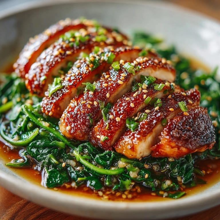 Savory Maple-Soy Glazed Chicken Breast—imagine browned, juicy chicken served over fresh spinach!