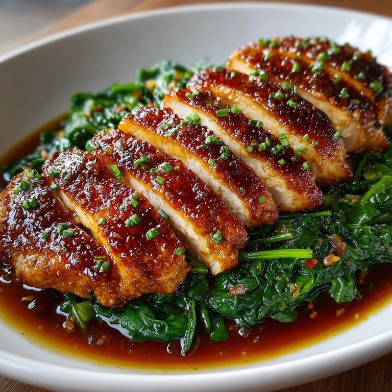 Golden Maple-Soy Glazed Chicken Breast: easy weeknight recipe with garlicky sautéed spinach side.