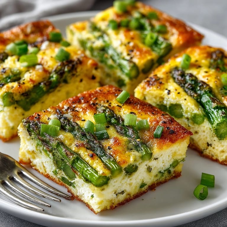 Delicious Springtime Asparagus Frittata recipe: fluffy eggs, bright green spears, baking in oven.