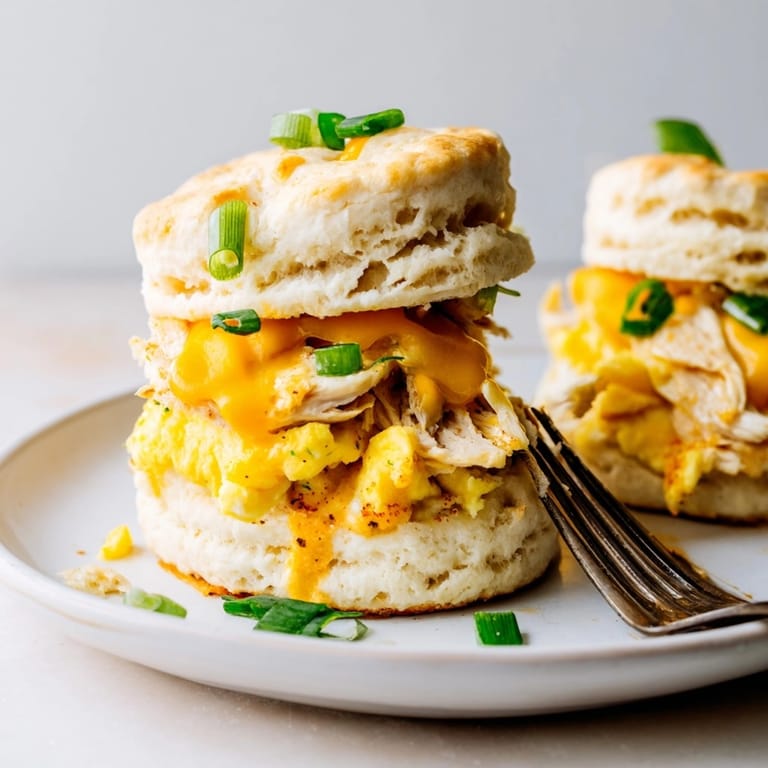 Close-up of hearty homemade Cajun Chicken Breakfast Biscuits, promising a flavorful brunch experience.