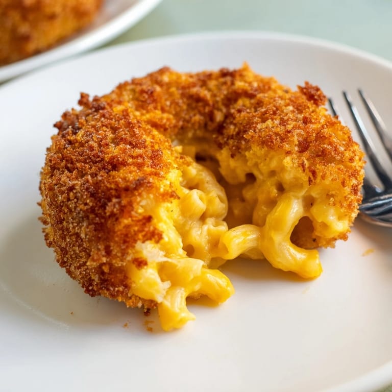 Close-up shot of gooey Mac and Cheese Fried Pickle Rings, sprinkled with paprika and spices.