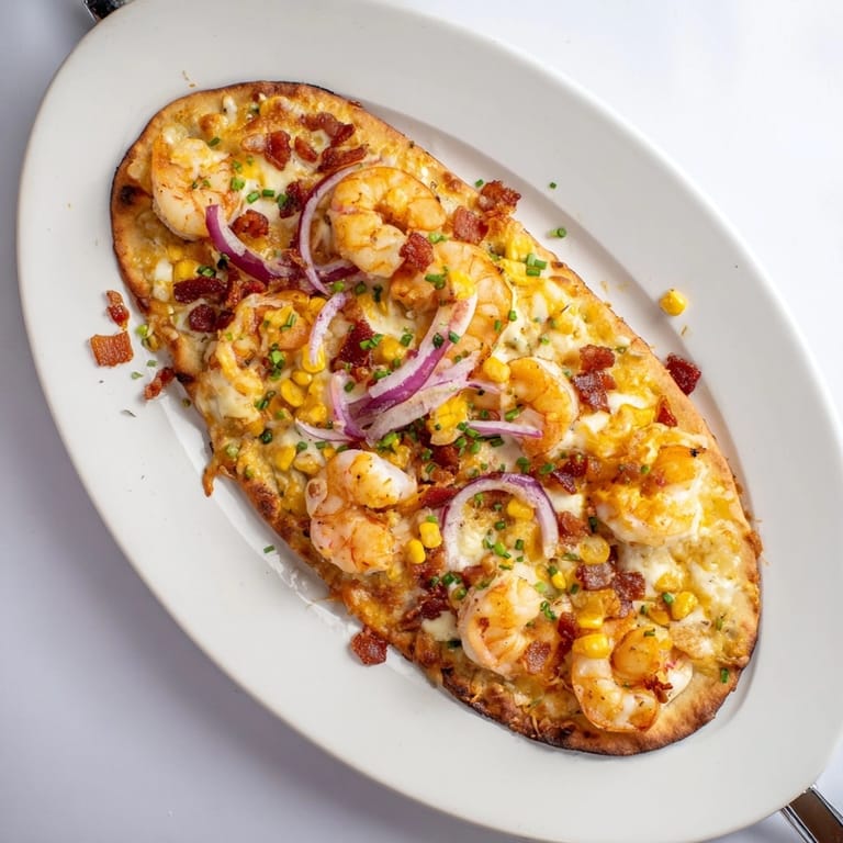 Homemade Shrimp Corn Chowder Flatbread recipe: delicious flavor and texture, a perfect lunch.