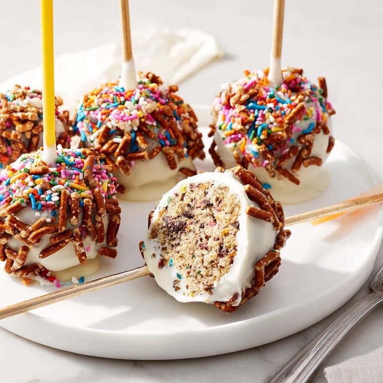 Delicious Funfetti Spicy Pretzel Cake Pops coated in creamy chocolate, perfect for celebrations.  