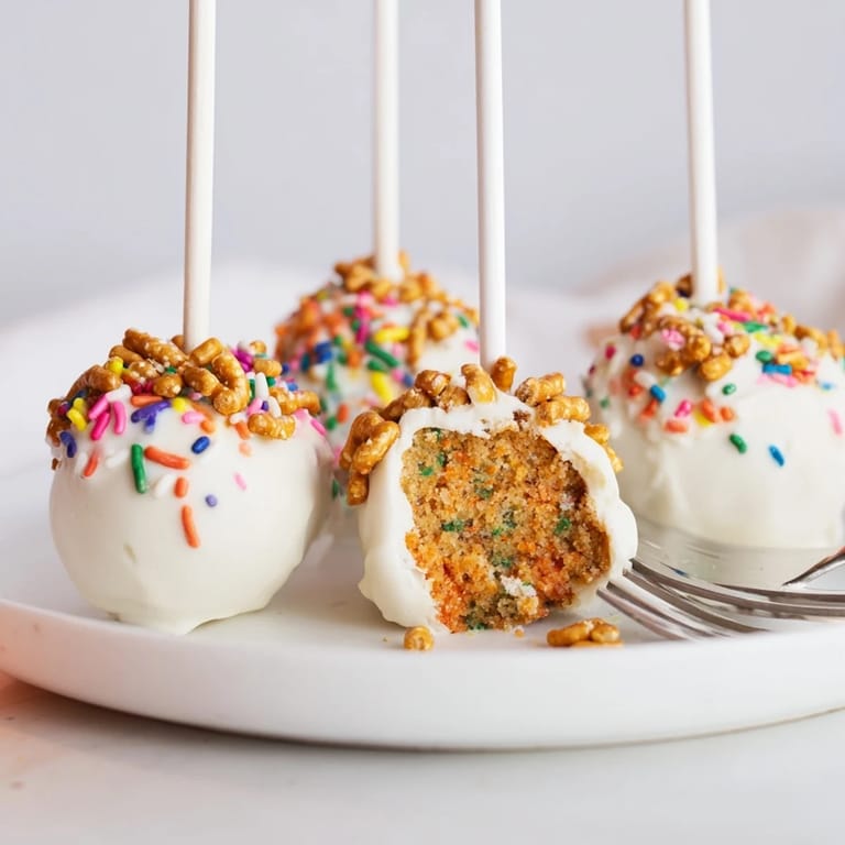 Vibrant Funfetti Spicy Pretzel Cake Pops topped with crunchy pretzel bits and rainbow sprinkles.