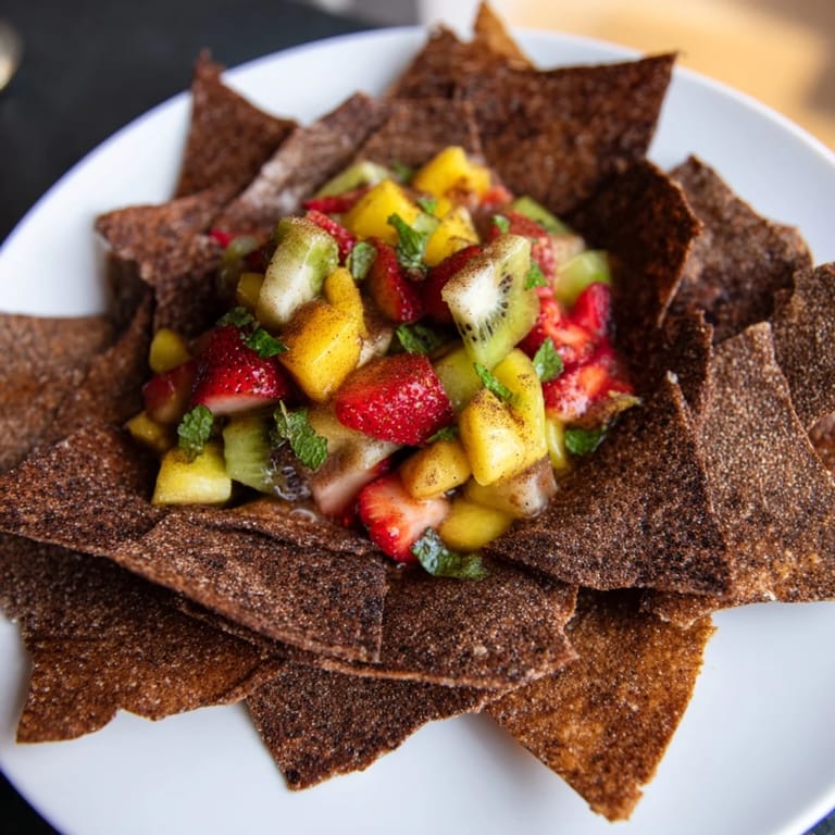Homemade dessert chips and vibrant fruit salsa create a playful flavor combination.