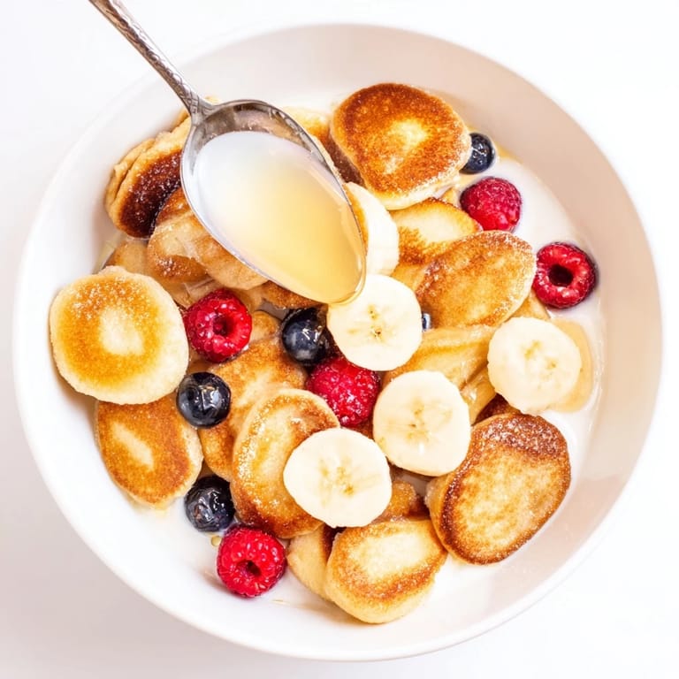 Mini pancake cereal topped with milk and berries for a fun breakfast treat.