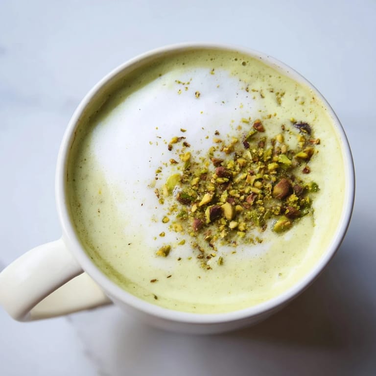 Homemade pistachio milk latte garnished with crushed pistachios for extra flavor.