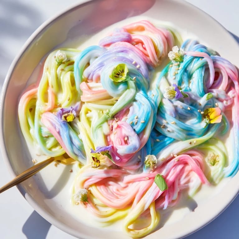Colorful Neon Noodle Cloud elegantly arranged, showcasing swirling noodles in creamy goodness.