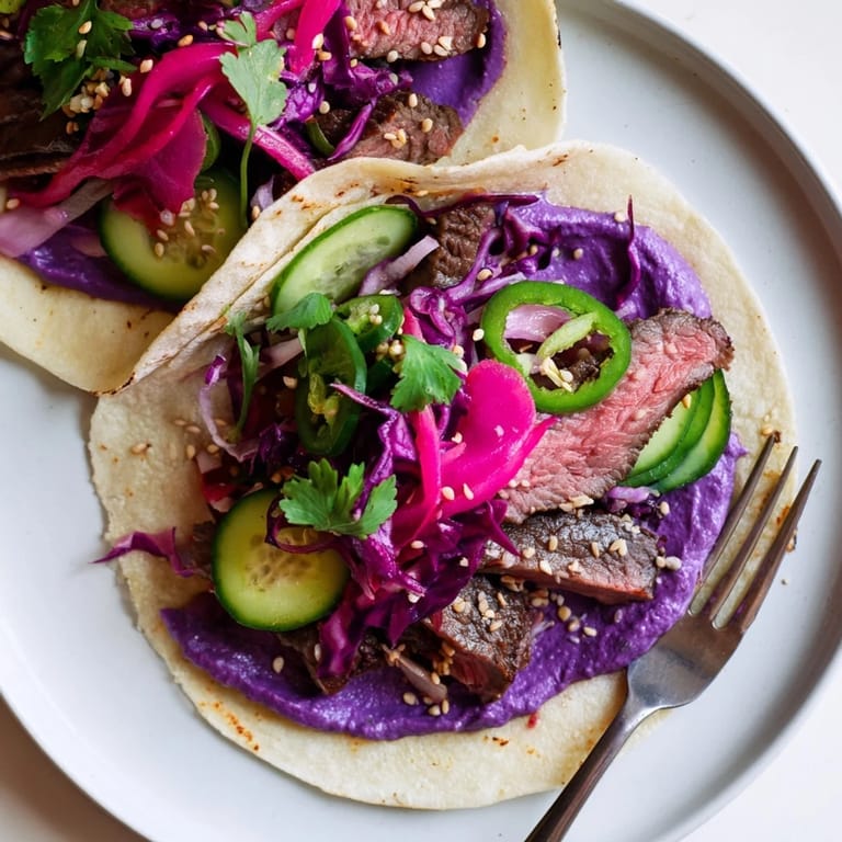 Savory Global Street-Food Fusion Tacos showcasing kimchi, cilantro, and zesty toppings.