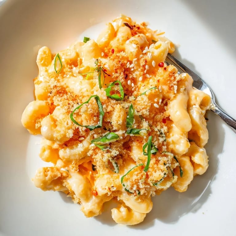 Delicious Spicy Kimchi Mac & Cheese, featuring melted cheeses and tangy kimchi blend.  