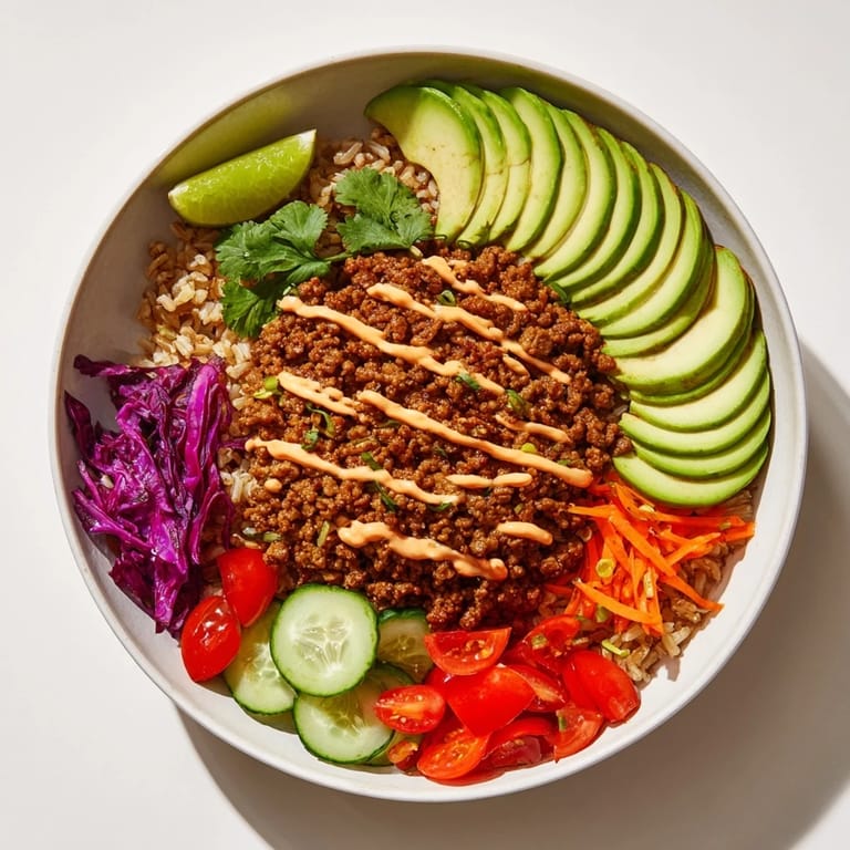 Delicious plant-based meat bowl featuring avocado, cucumber, and vibrant toppings.  