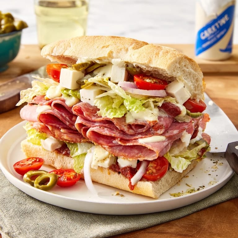 Colorful flavor mash-up sandwiches ready to serve, bursting with savory Italian-inspired ingredients.