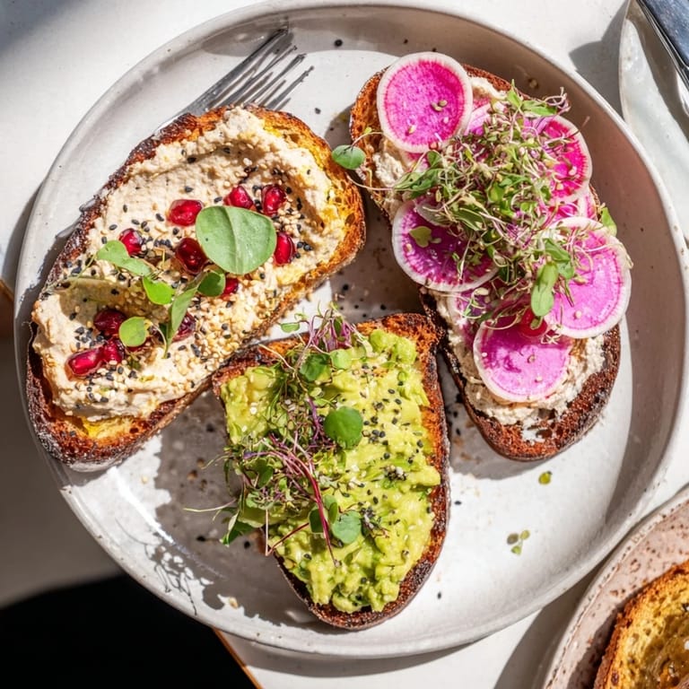 Colorful breakfast toasts featuring creamy ube spread, avocado, and pomegranate seeds.  
