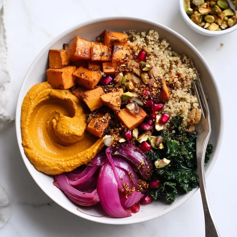 A cozy spiced winter bowl filled with quinoa, roasted veggies, and ube-coconut purée.  