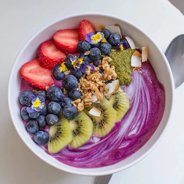 Delightful Vibrant Smoothie Bowls featuring purple yam and vibrant berries for breakfast.  