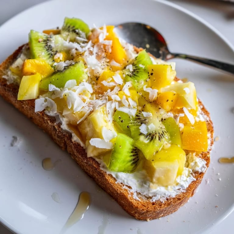 Irresistible yogurt-custard toast, featuring a medley of ripe tropical flavors and textures.