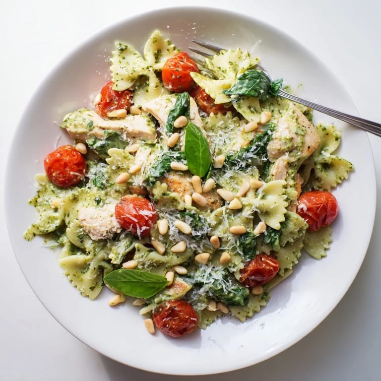 Creamy basil Pesto Chicken Bowtie Pasta with tender chicken and fresh spinach.  