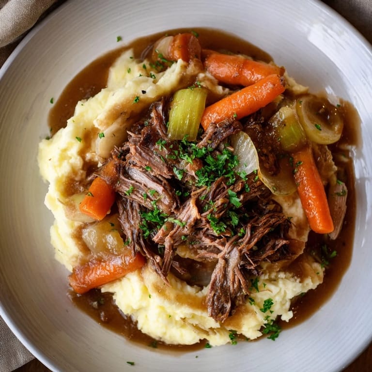 Savory Slow Cooker Pot Roast with Mashed Potatoes, tender beef surrounded by vibrant veggies.  
