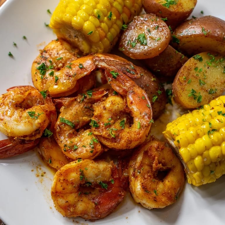A beautiful close-up shows the spicy Cajun shrimp & sweet corn, ready to eat with lemon.