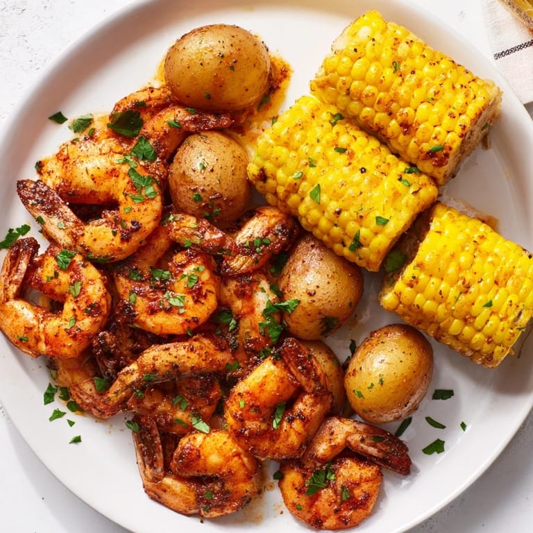 Golden Cajun shrimp and sweet corn platter, a delicious main dish with roasted potatoes.
