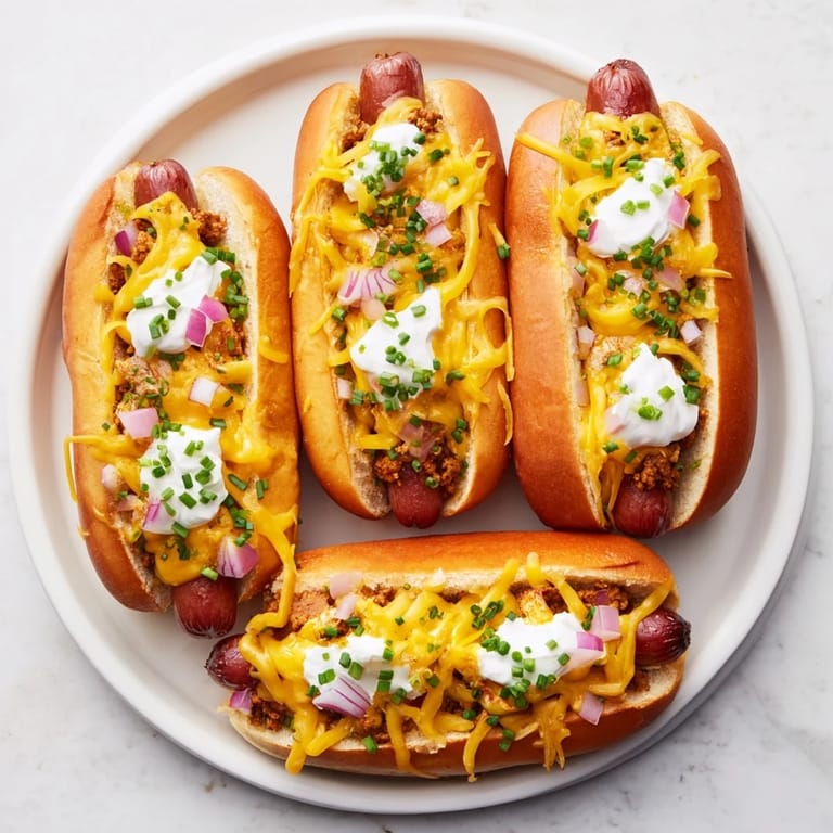 Warm Chili Dog Casserole, piled high with cheddar and chives, smells delicious, easy weeknight dinner.