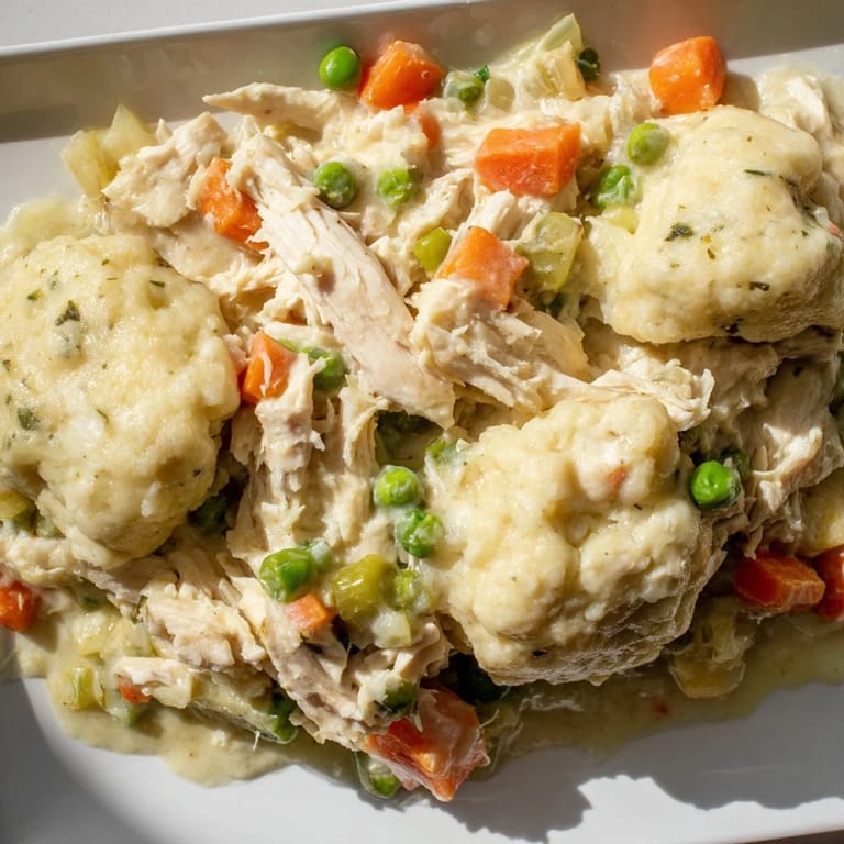 Steaming hot Chicken and Dumplings Casserole with fluffy, golden dumplings baked atop savory chicken filling.