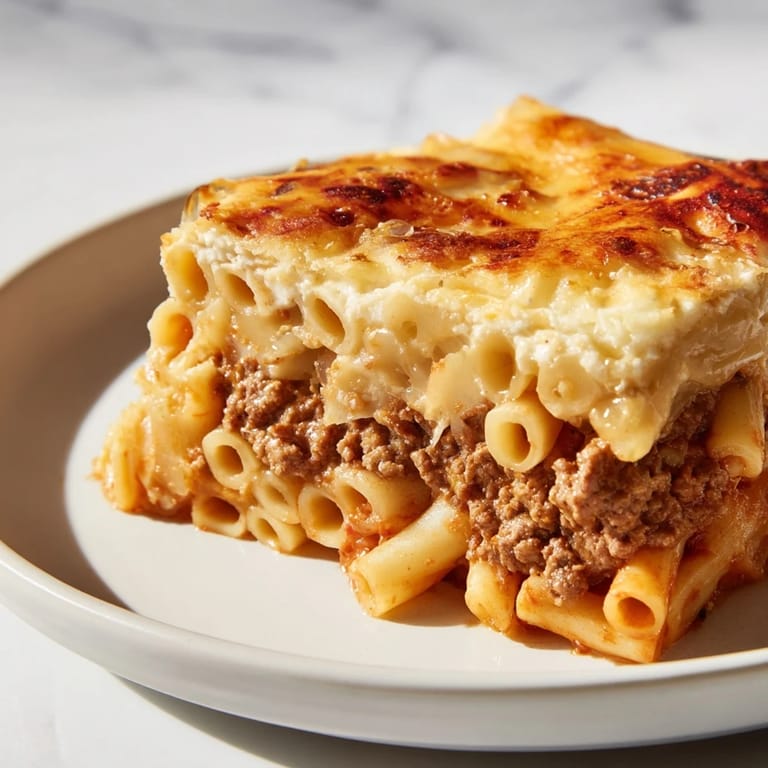 Tender pasta and spiced beef are hidden beneath velvety béchamel in this authentic Greek Pastitsio.