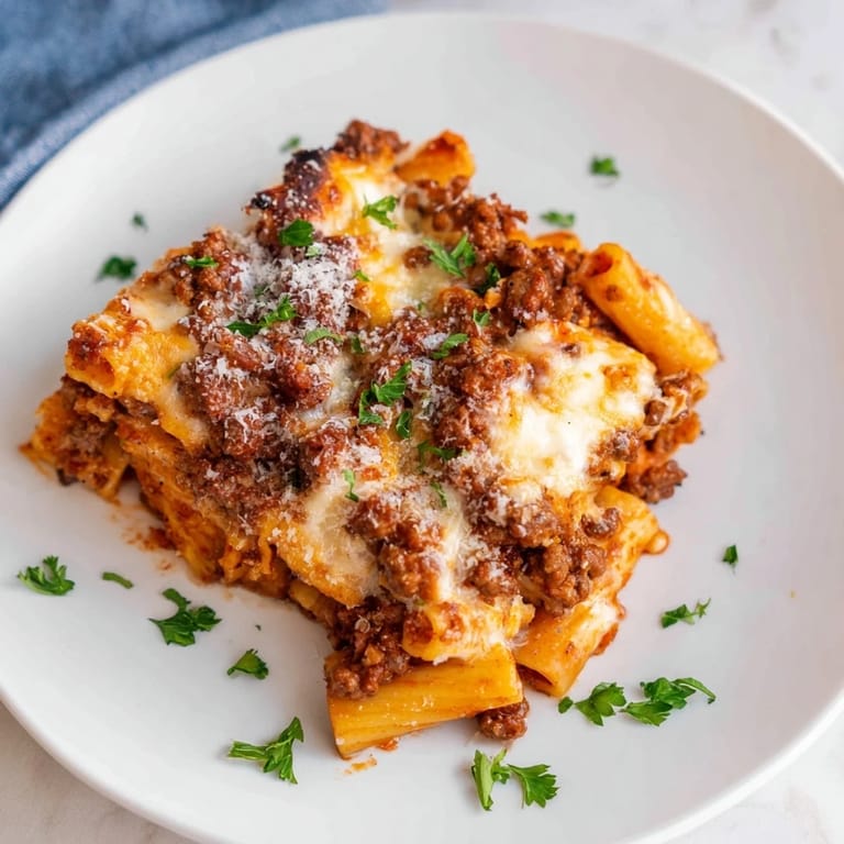 A close-up of cheesy Baked Ziti with Meat Sauce, steaming and ready for a comforting family meal.