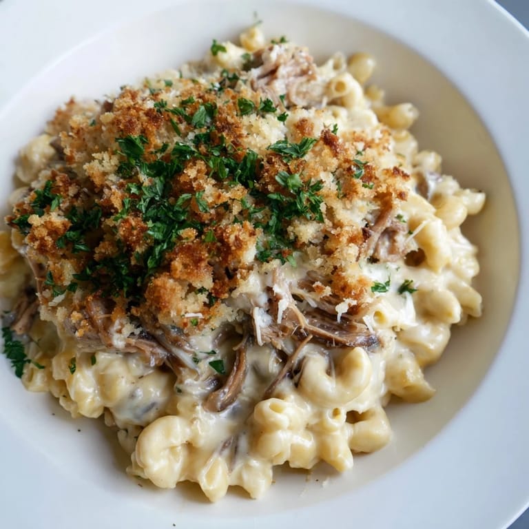 Creamy Barbecue Pulled Pork Mac and Cheese: a warm, cheesy casserole with tender pulled pork.