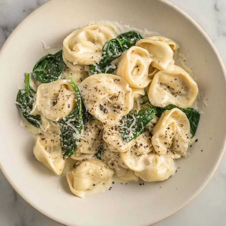 This beautiful creamy spinach Alfredo tortellini features tender cheese pasta coated in a rich sauce.