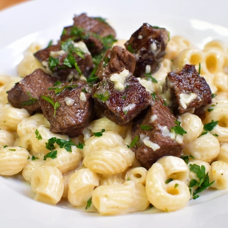 Sizzling garlic butter coats these tender Garlic Butter Steak Bites, served atop creamy cheddar shells.