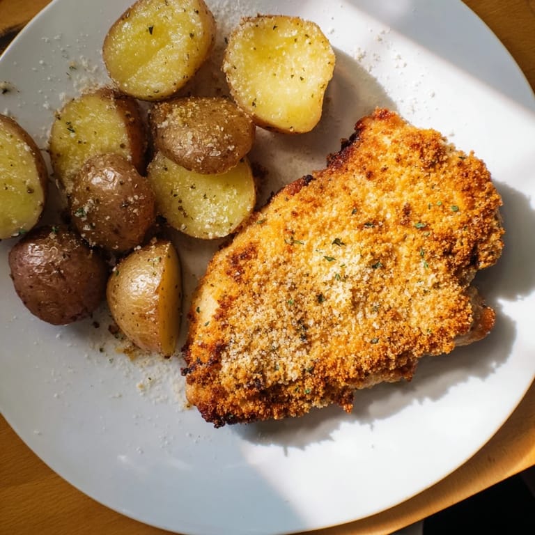 See the delicious, golden coating on the crispy Parmesan crusted chicken alongside perfectly roasted potatoes.