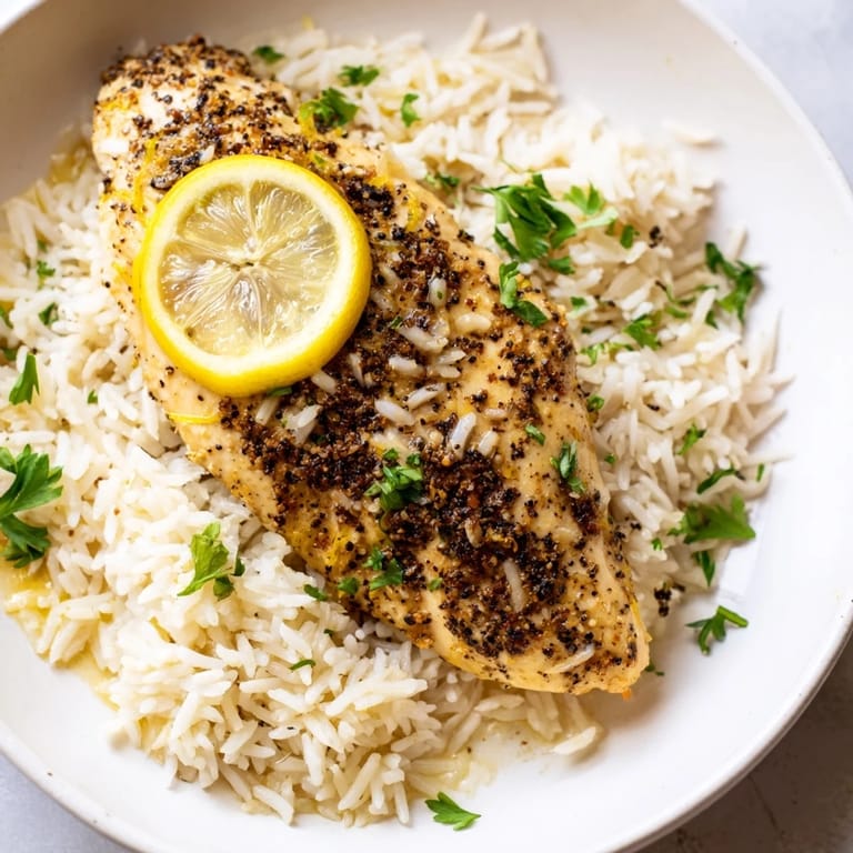 A close-up of tender Lemon Pepper Chicken, fragrant with lemon, ideal alongside rice and parsley.