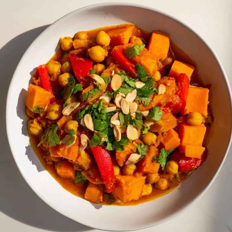 A vibrant close-up of the Moroccan Chickpea & Sweet Potato Tagine, showcasing tender vegetables and warming spices.