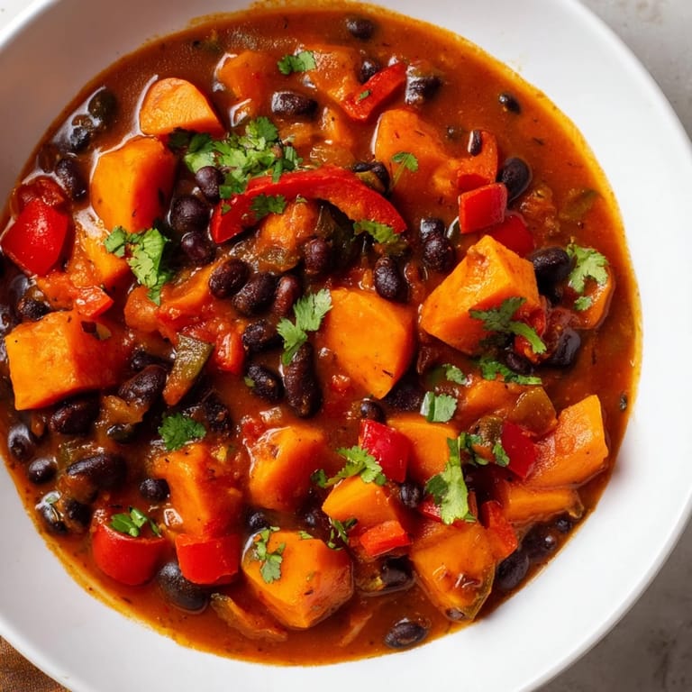 Hearty Sweet Potato & Black Bean Chili simmering in a pot, with aromatic spices filling the air.