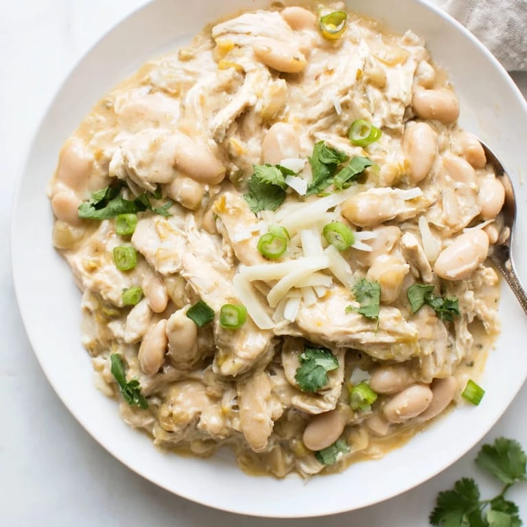 Homemade Creamy White Chicken Chili bubbling in a pot, smelling delicious, full of tender chicken and beans.