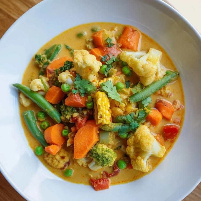 Close-up of a flavorful Veggie Coconut Curry, garnished with fresh cilantro, ready to serve.