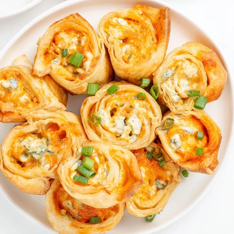 Close-up of baked Buffalo Chicken Dip Pinwheel Wontons, a crowd-pleasing snack idea for parties.