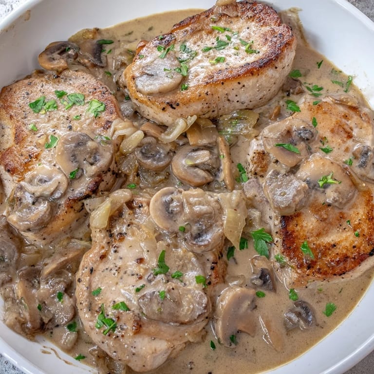Hearty stove top pork chops with a flavorful cream of mushroom sauce; a comforting, home-cooked meal.