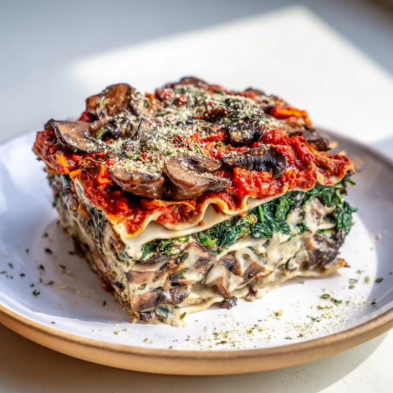 Warm, comforting vegan mushroom spinach lasagna with a fork, ready to be served.