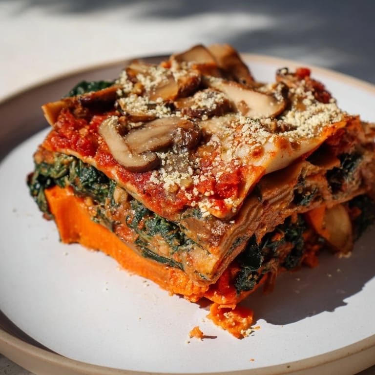 Layered vegan mushroom spinach lasagna, showing the rich tomato sauce and creamy béchamel.
