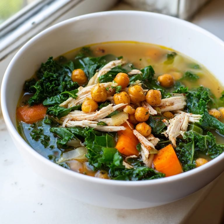 Savory Chicken Kale Soup with Crispy Chickpeas, perfectly seasoned, served hot and ready to enjoy.