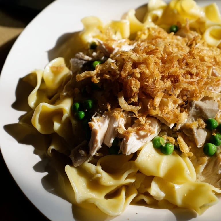 Baked Creamy Tuna Noodle Casserole, a classic American dish with tender noodles and flaky tuna.