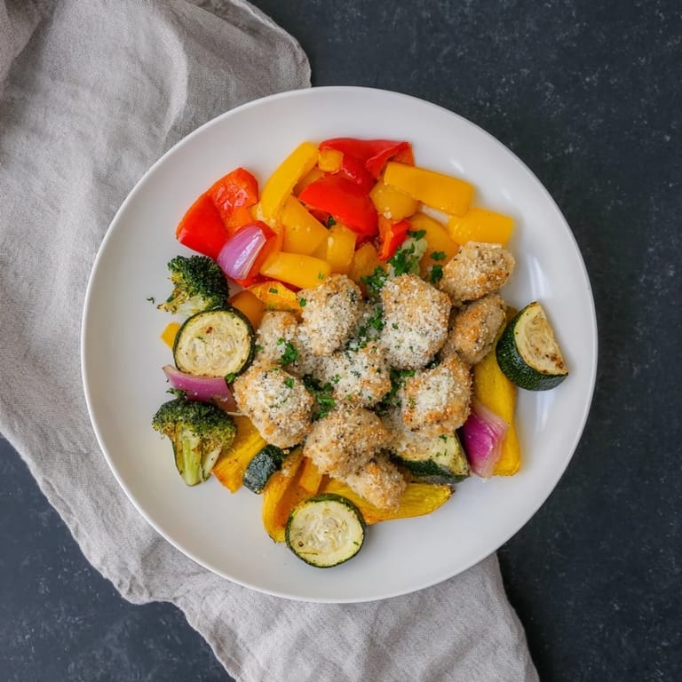 Close-up of crispy Garlic Parmesan Chicken Bites, showcasing roasted vegetables for a flavorful dinner.