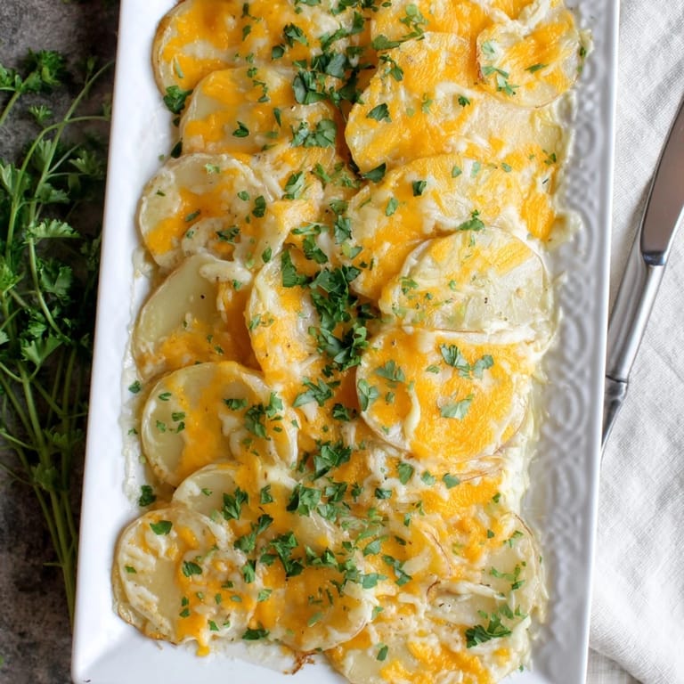 Layered cheesy goodness: a close-up of creamy Cheesy Scalloped Potatoes, ideal for holidays.